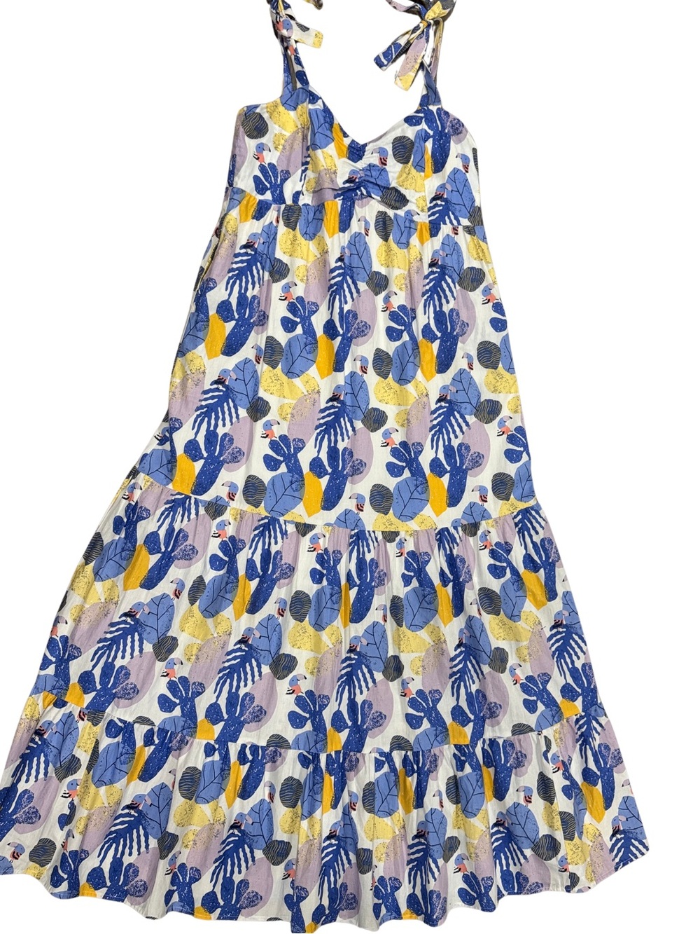 Joy Joy Tropical Bird Print Floral Tiered Maxi Dress in Blue, Yellow & White